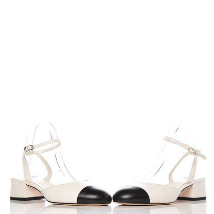 Chanel Lambskin Cap Toe CC Ankle Strap Sandals 38.5 White Black 9 of 14