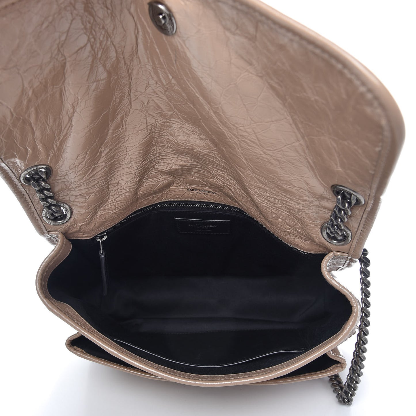 Crinkled Calfskin Matelasse Monogram Medium Niki Chain Satchel Light Taupe