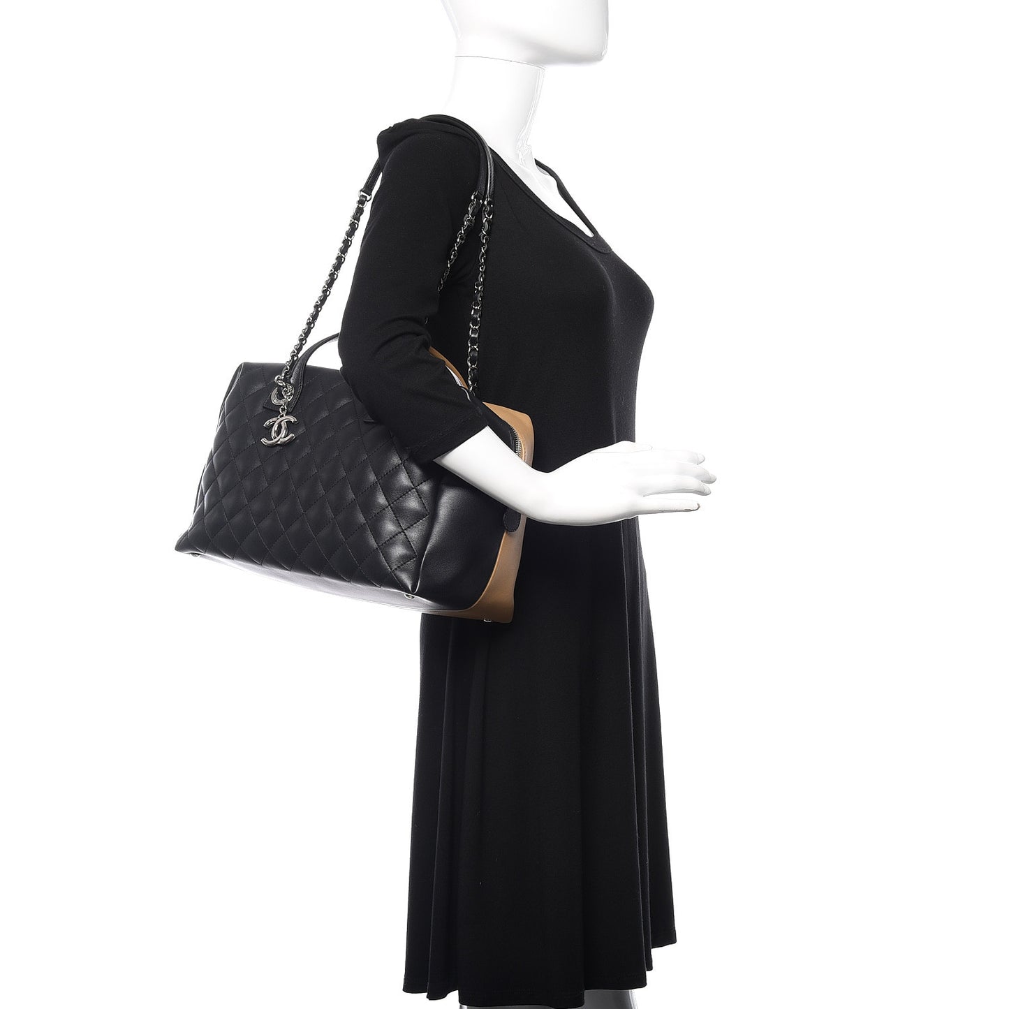 Calfskin Quilted Bi-Color Feather Weight Bowling Bag Black Beige