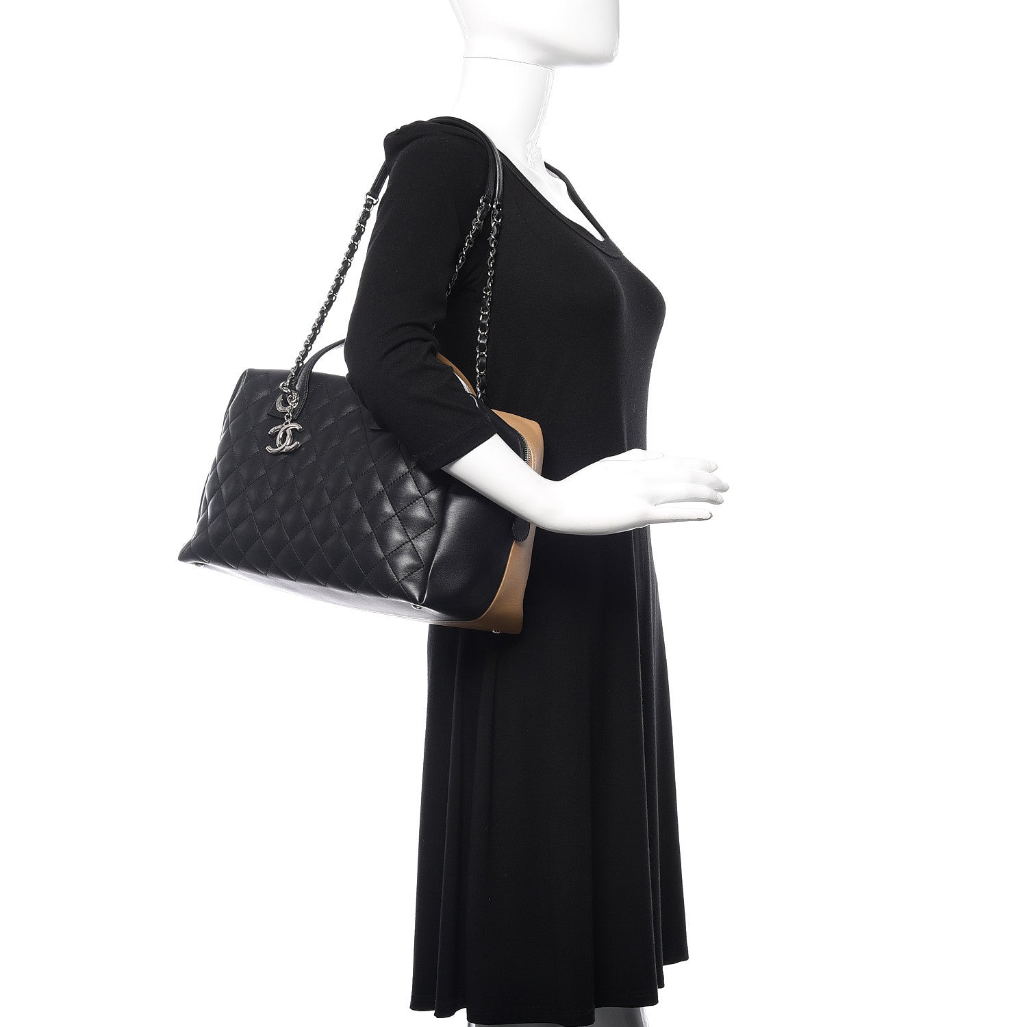 Chanel Calfskin Quilted Bi-Color Feather Weight Bowling Bag Black Beige 2 of 10