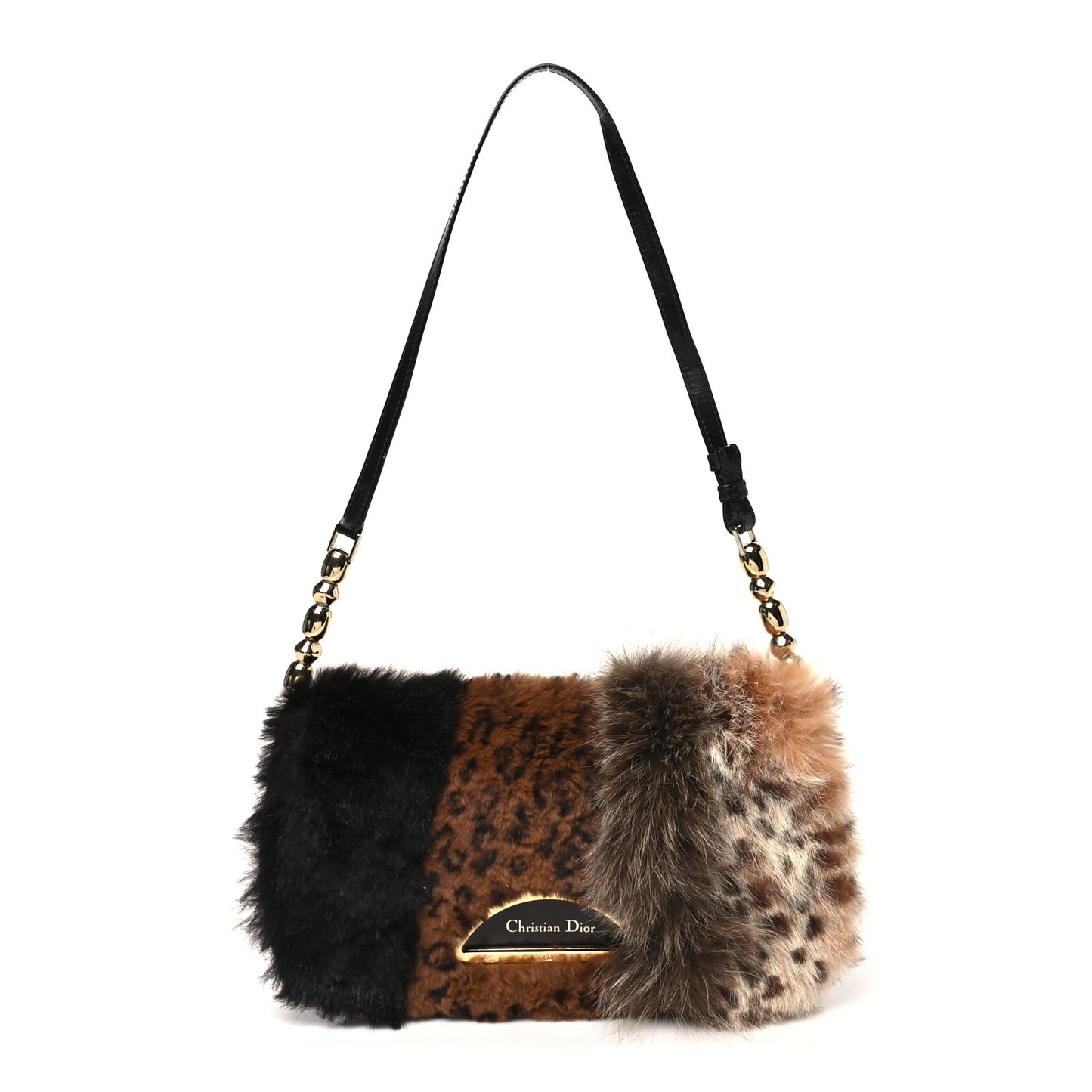 Rabbit Fur Lambskin Patchwork Malice Shoulder Bag Brown