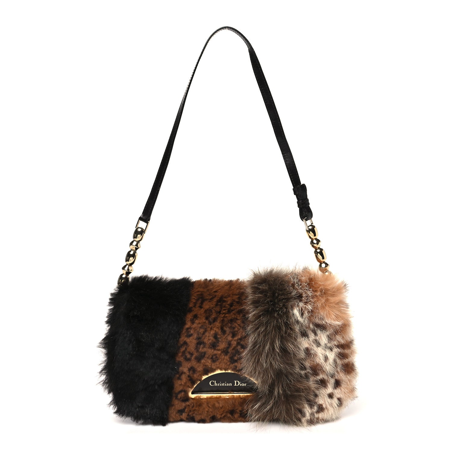 Christian Dior Rabbit Fur Lambskin Patchwork Malice Shoulder Bag Brown 1 of 9