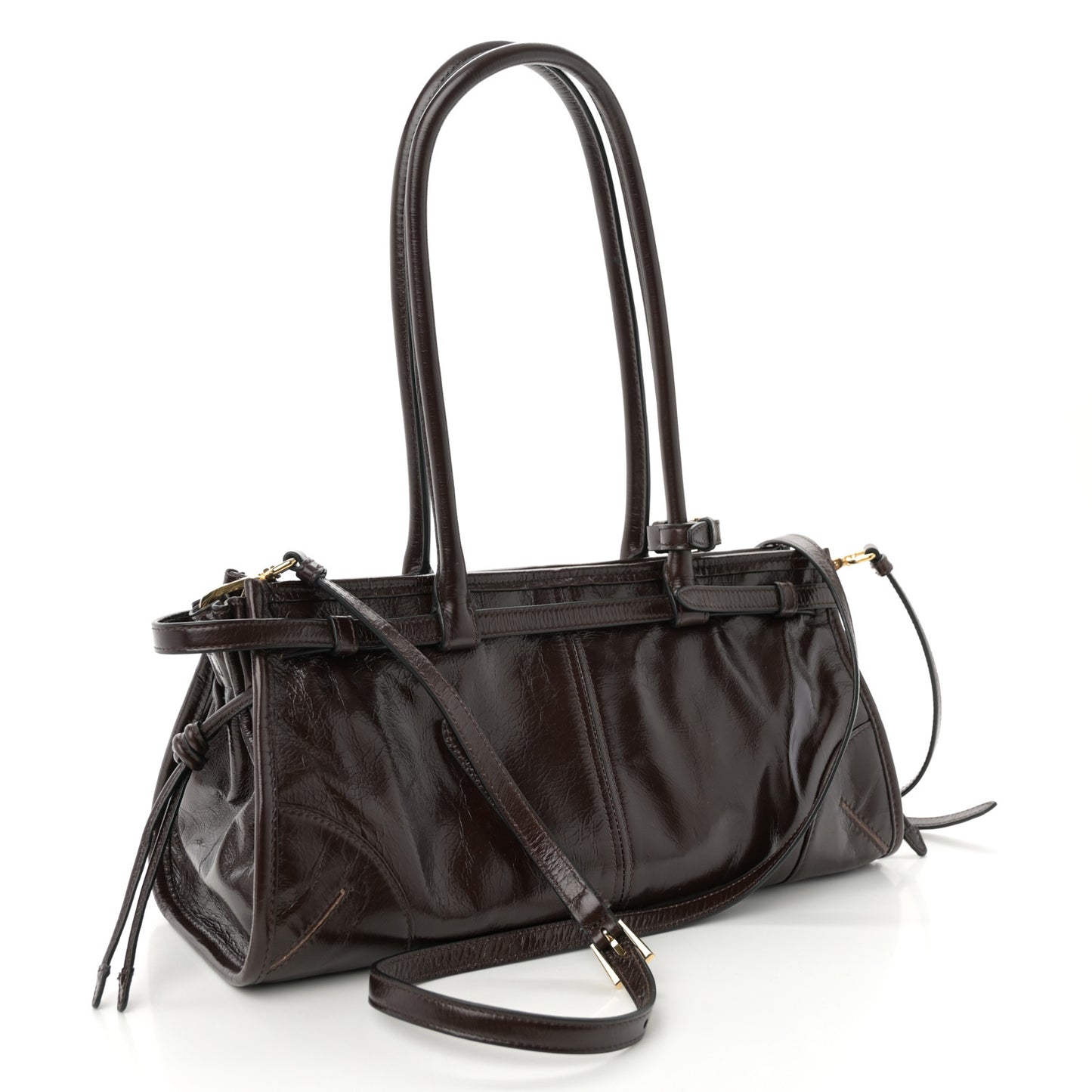 Glossy Calfskin Triangle Medium Bonnie Shoulder Bag Dark Brown