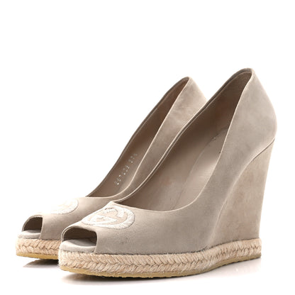 Gucci Kid Scamosciato Interlocking G Espadrille Peep Toe Wedge Sandals 37.5 Oatmeal 3 of 8