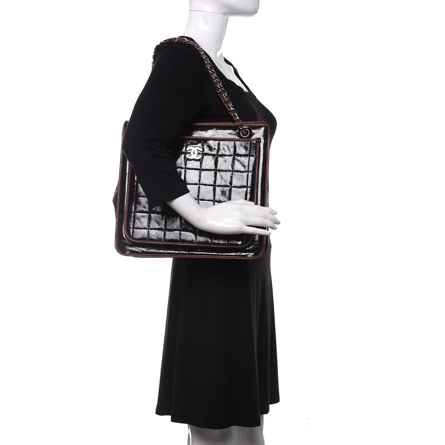 Patent Chocolate Bar Quilted Tote Black