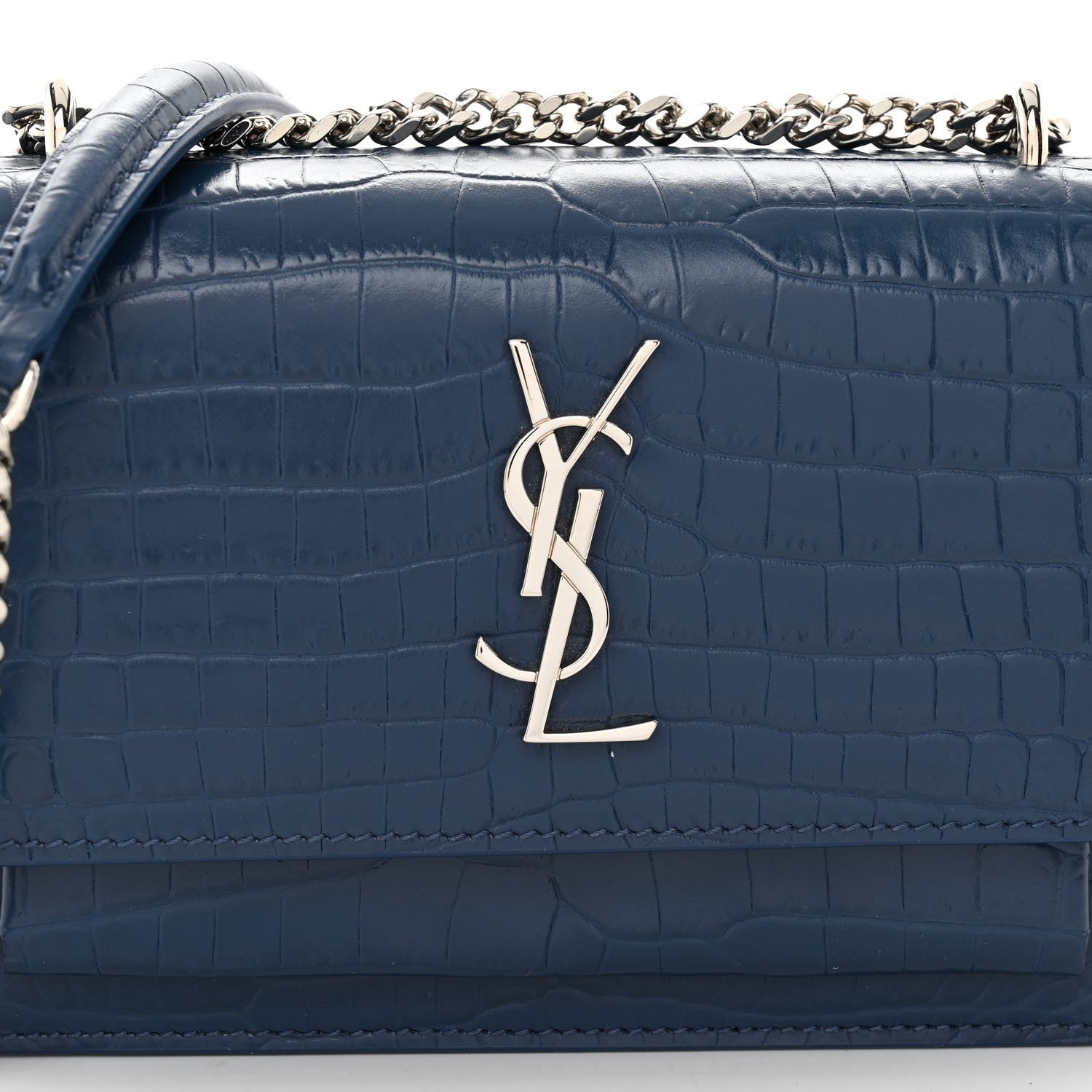 Saint Laurent Calfskin Crocodile Embossed Monogram Sunset Chain Wallet Denim 8 of 11