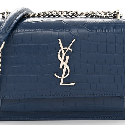 Saint Laurent Calfskin Crocodile Embossed Monogram Sunset Chain Wallet Denim 8 of 11