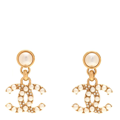 Chanel Metal Crystal Pearl CC Pendant Earrings Gold 1 of 4