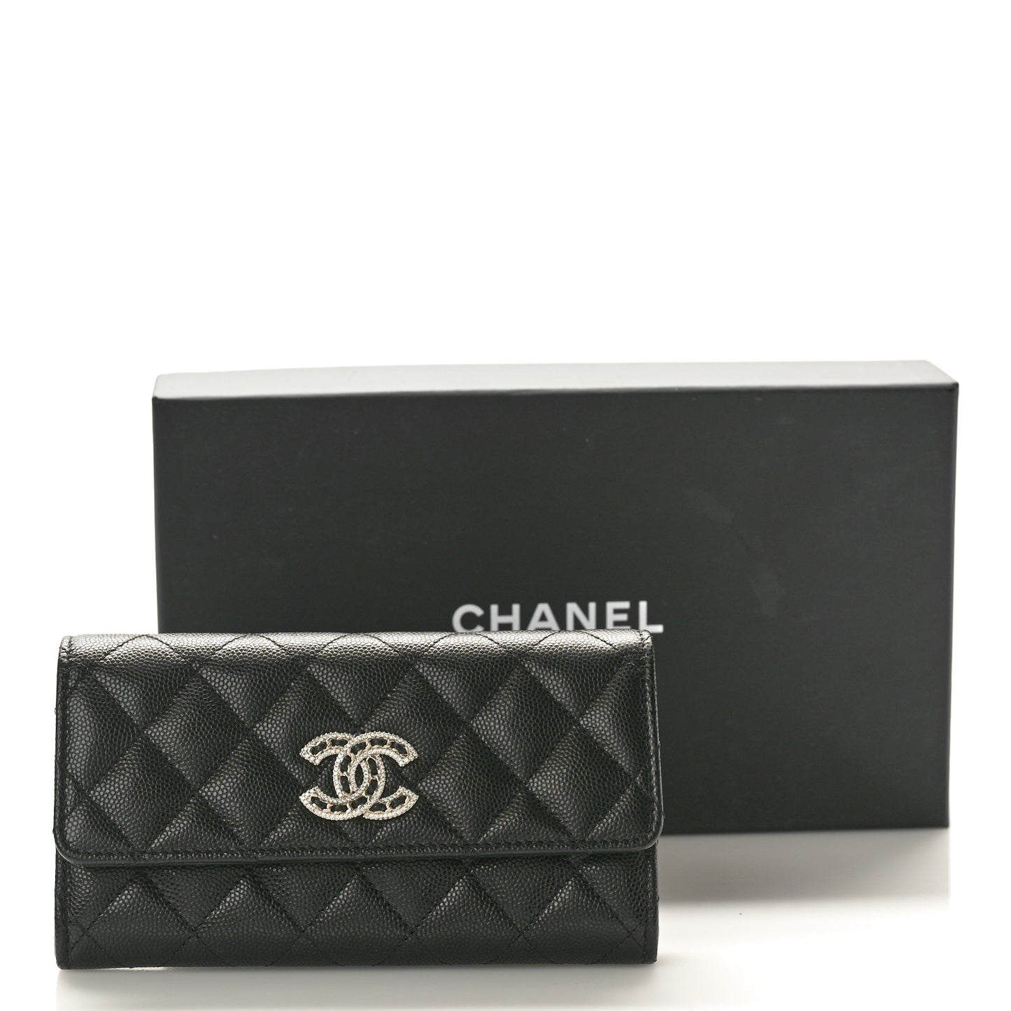 Caviar Quilted Crystal CC Large Gusset Flap Wallet Black