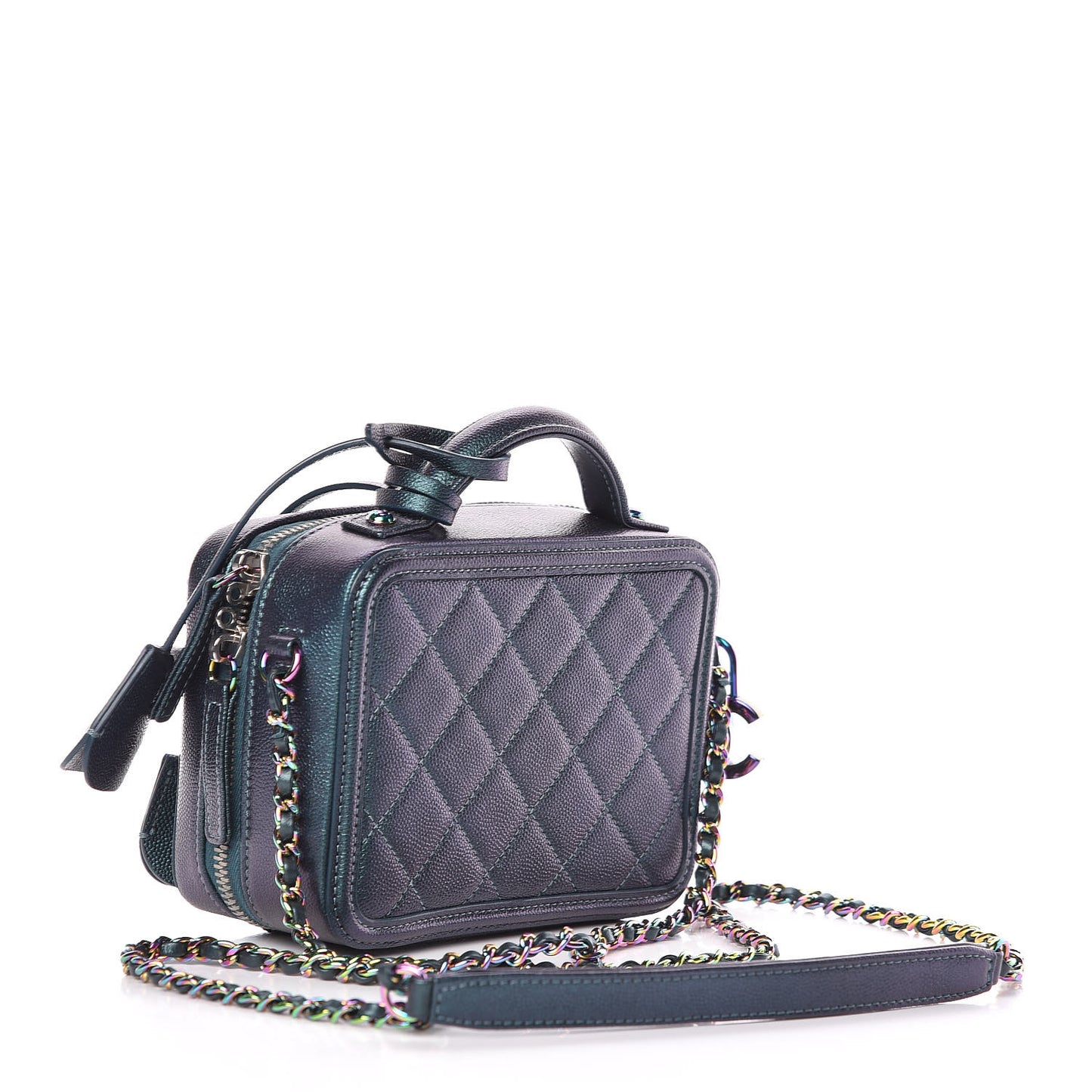 Iridescent Caviar Quilted Small CC Filigree Vanity Case Dark Turquoise