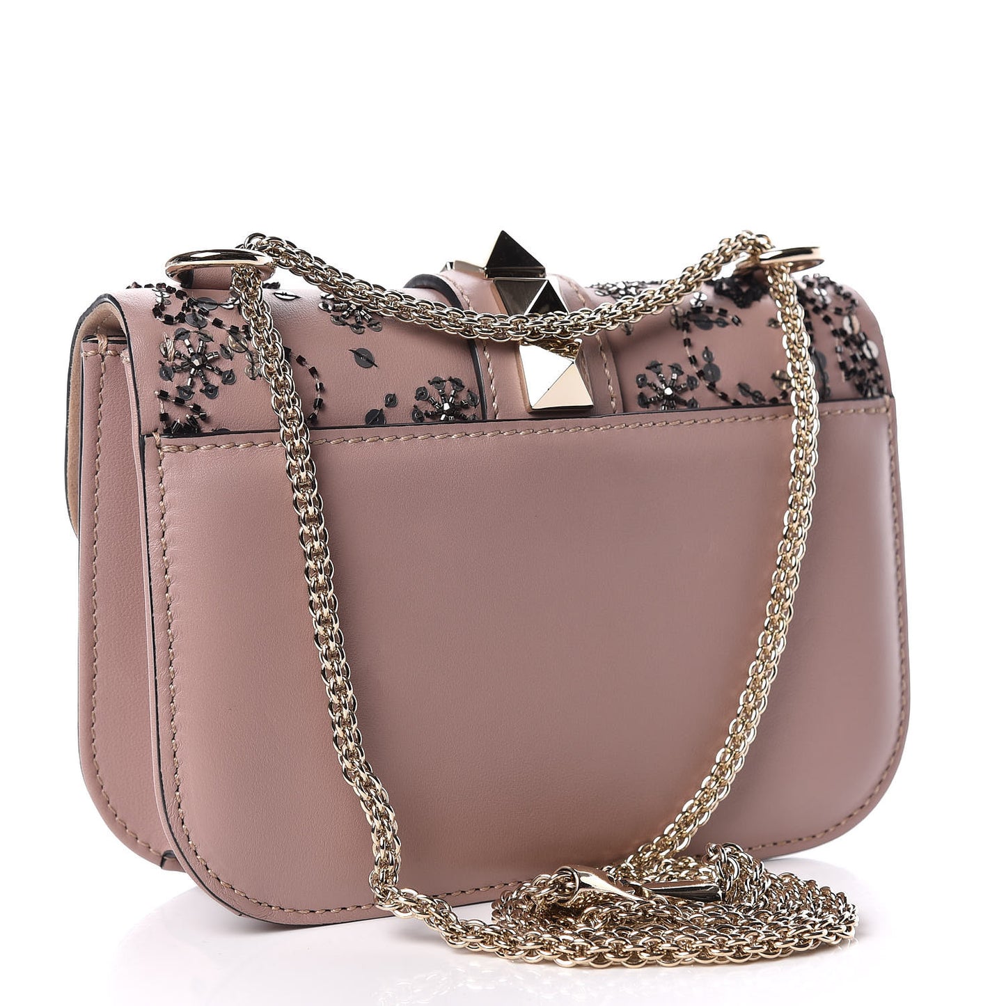 Vitello Sequin Embellished Small Glam Lock Rockstud Flap Poudre