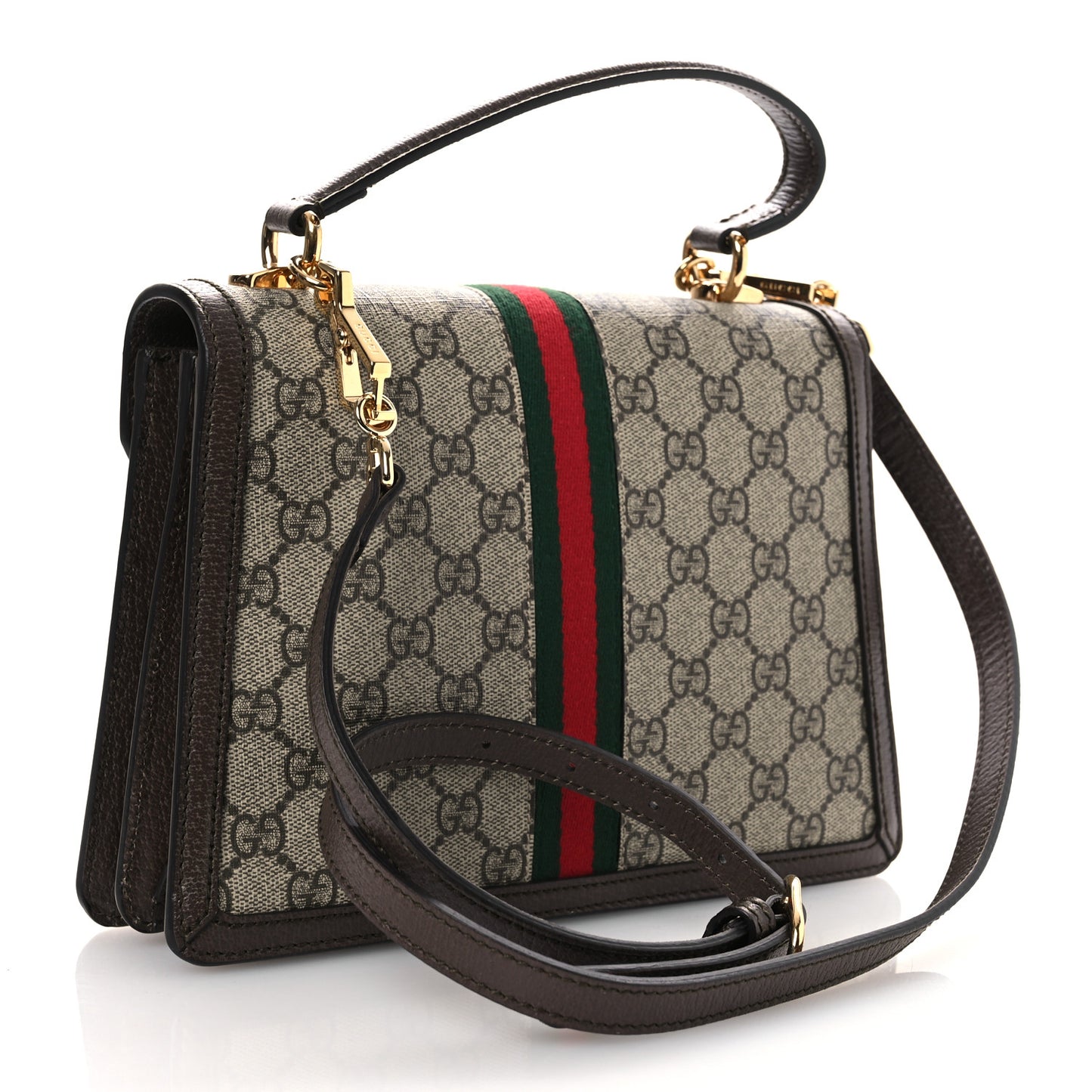 GG Supreme Monogram Textured Dollar Calfskin Web Small Ophidia Padlock Top Handle Bag Beige Ebony New Acero