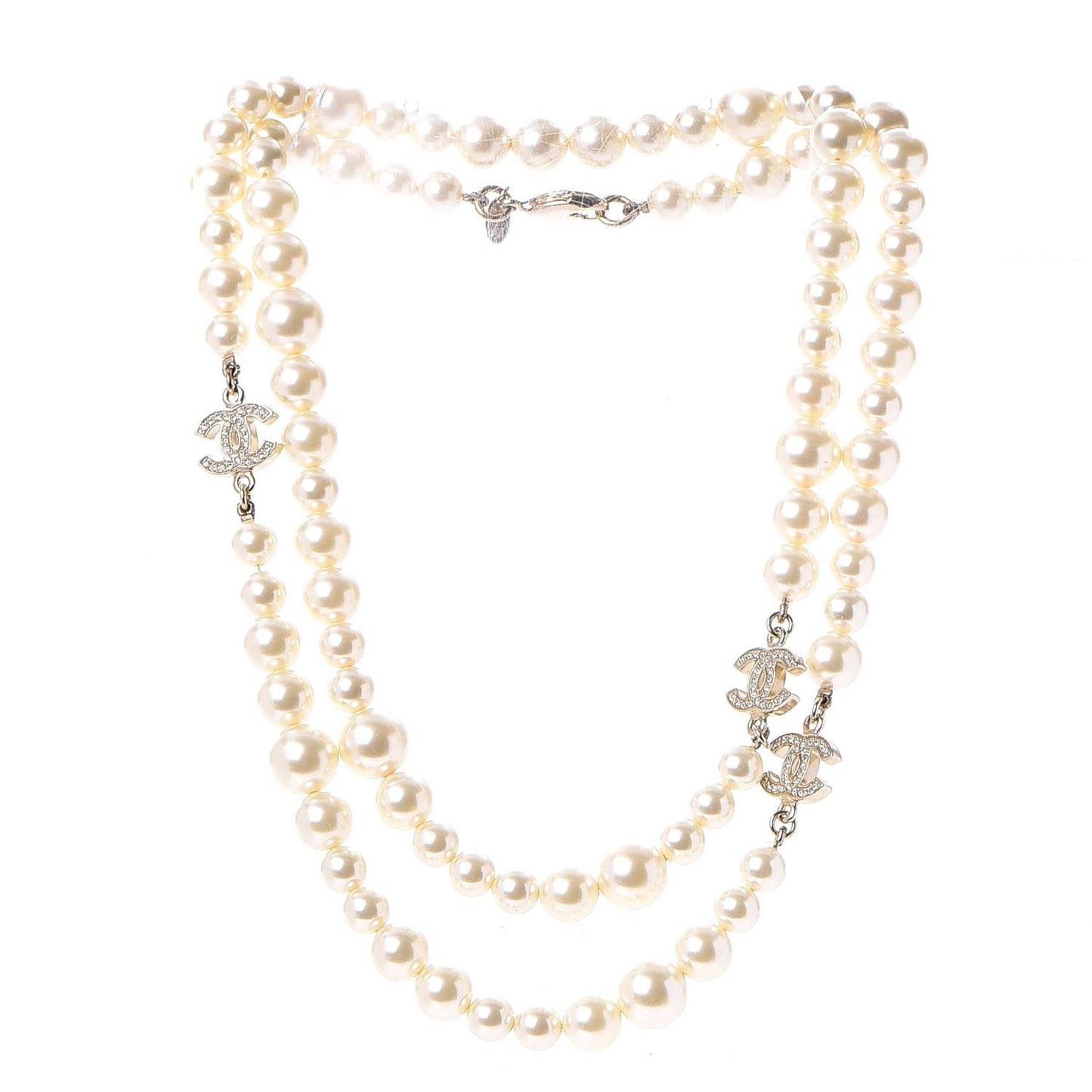 Graduated Pearl Crystal CC Long Necklace Light Gold