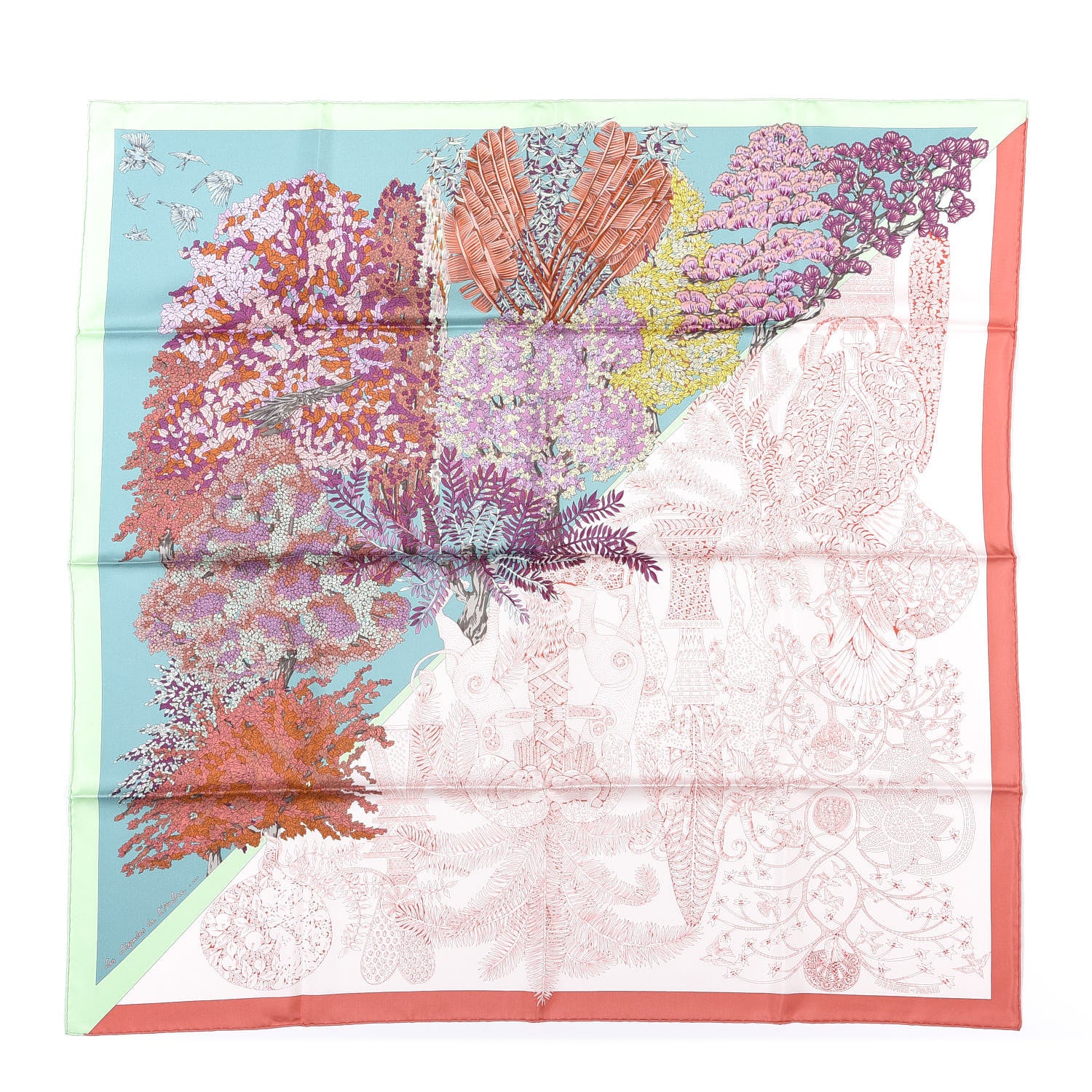 Hermes Silk Les Legendes de l'Arbre Scarf 90 Corail Veronese Mauve 1 of 6