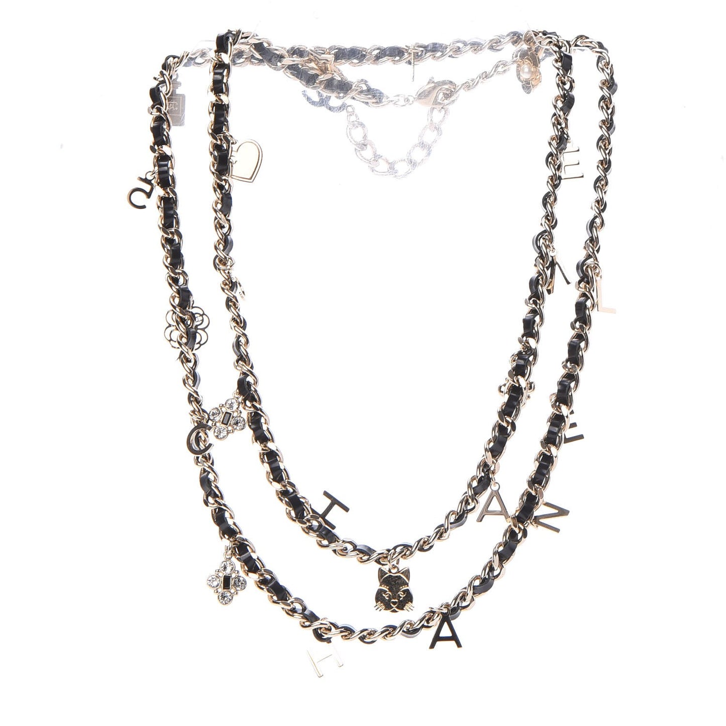 Lambskin CC Long Chain Necklace Black Gold