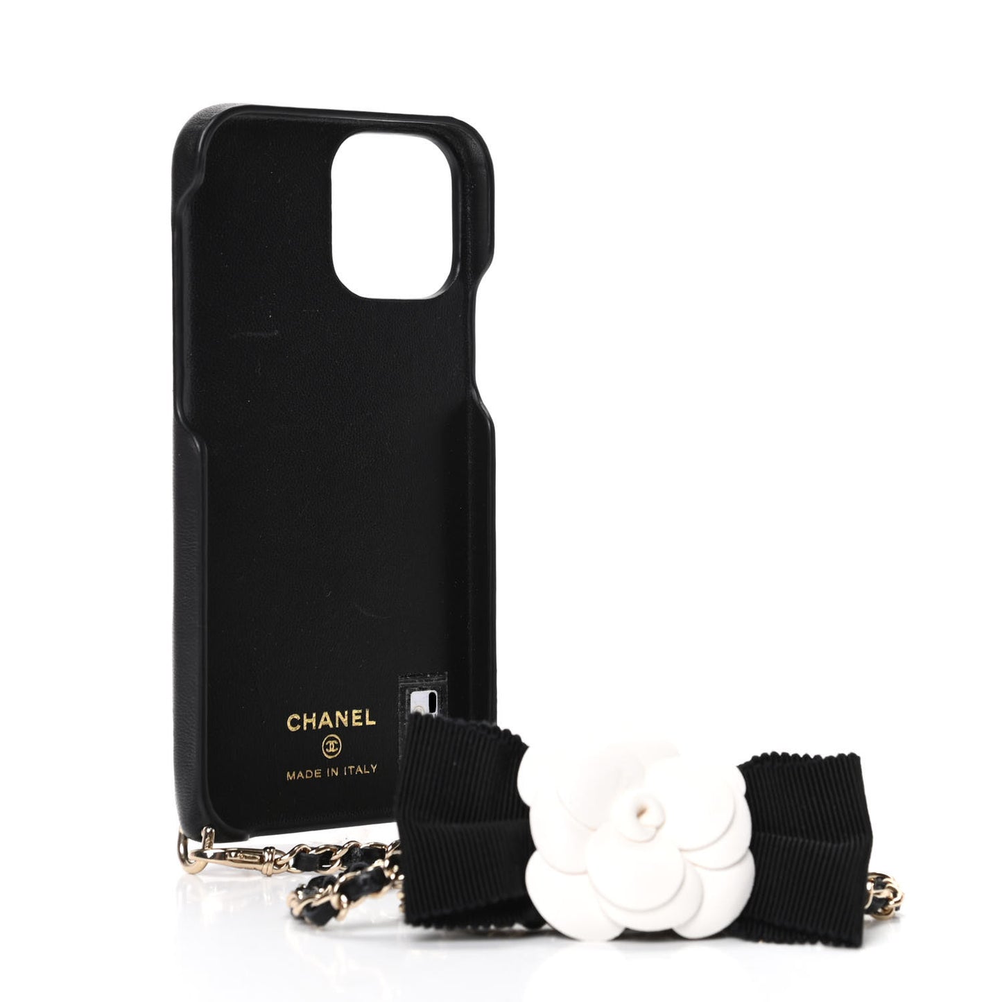 Lambskin Quilted Camellia Bow iPhone XII Pro Holder With Chain Black