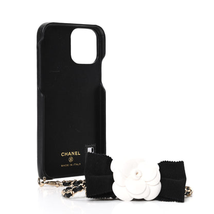 Chanel Lambskin Quilted Camellia Bow iPhone XII Pro Holder With Chain Black 2 of 6
