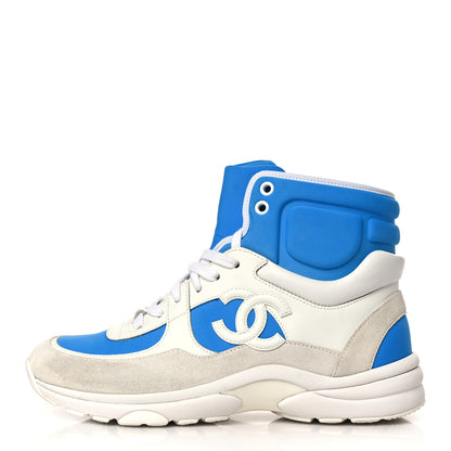 Chanel Suede Calfskin Lambskin High Top CC Sneakers 38 White Blue 1 of 7