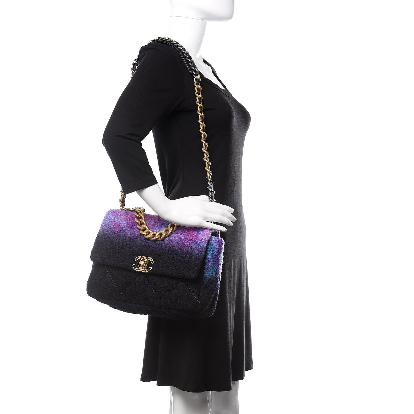 Wool Tweed Quilted Large 19 Flap Purple Black Blue