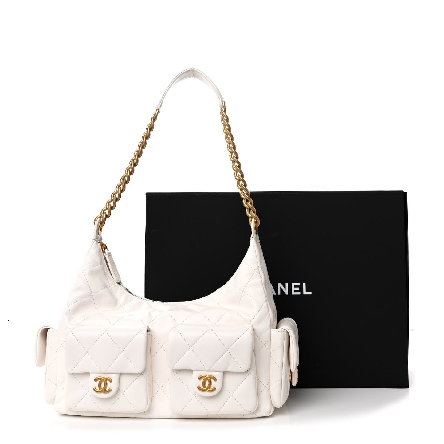 Shiny Lambskin Quilted Trendy Pockets Hobo White