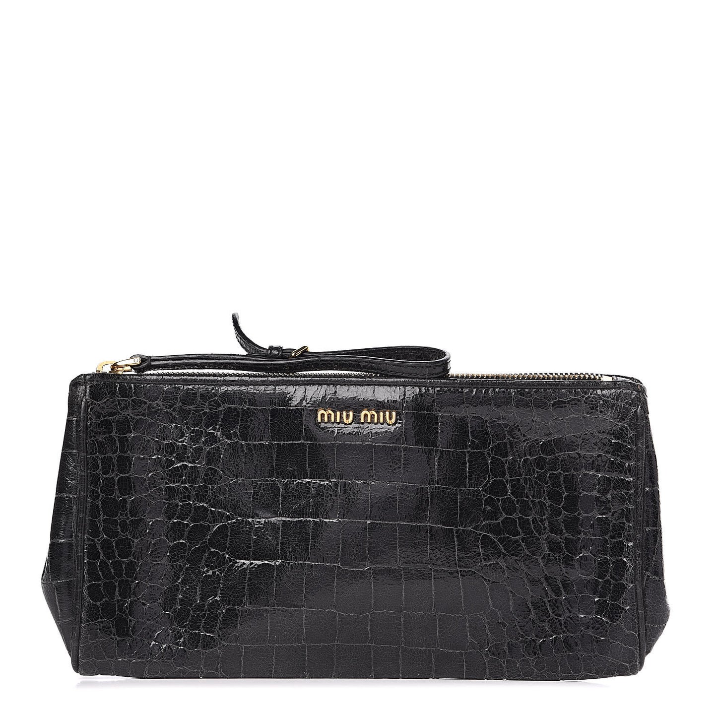 Embossed Crocodile Glazed Calfskin Wristlet Black