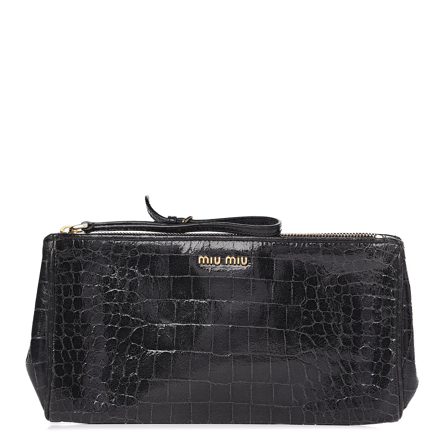 Miu Miu Embossed Crocodile Glazed Calfskin Wristlet Black 1 of 12