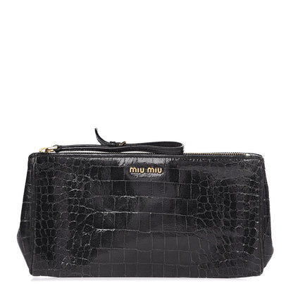 Miu Miu Embossed Crocodile Glazed Calfskin Wristlet Black 1 of 12