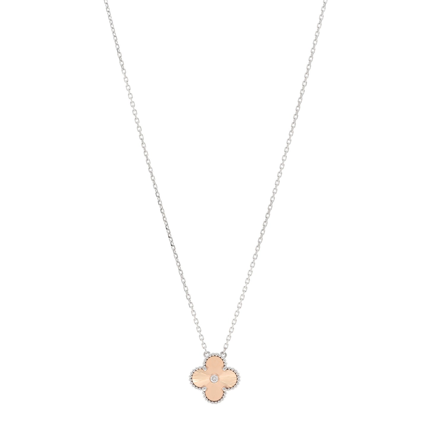 18K White Rose Gold Diamond Guilloche Vintage Alhambra Pendant Necklace