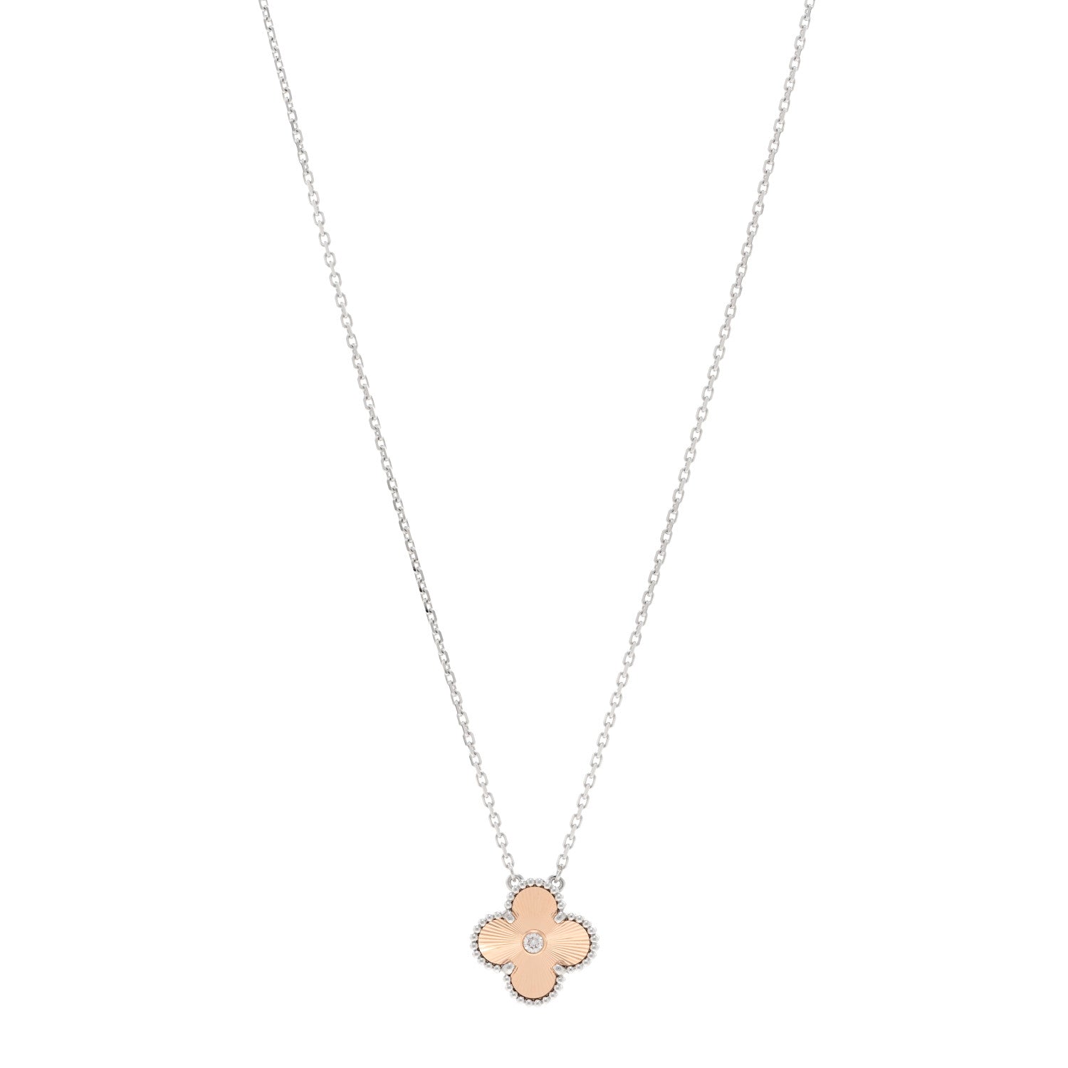 Van Cleef & Arpels 18K White Rose Gold Diamond Guilloche Vintage Alhambra Pendant Necklace 1 of 5