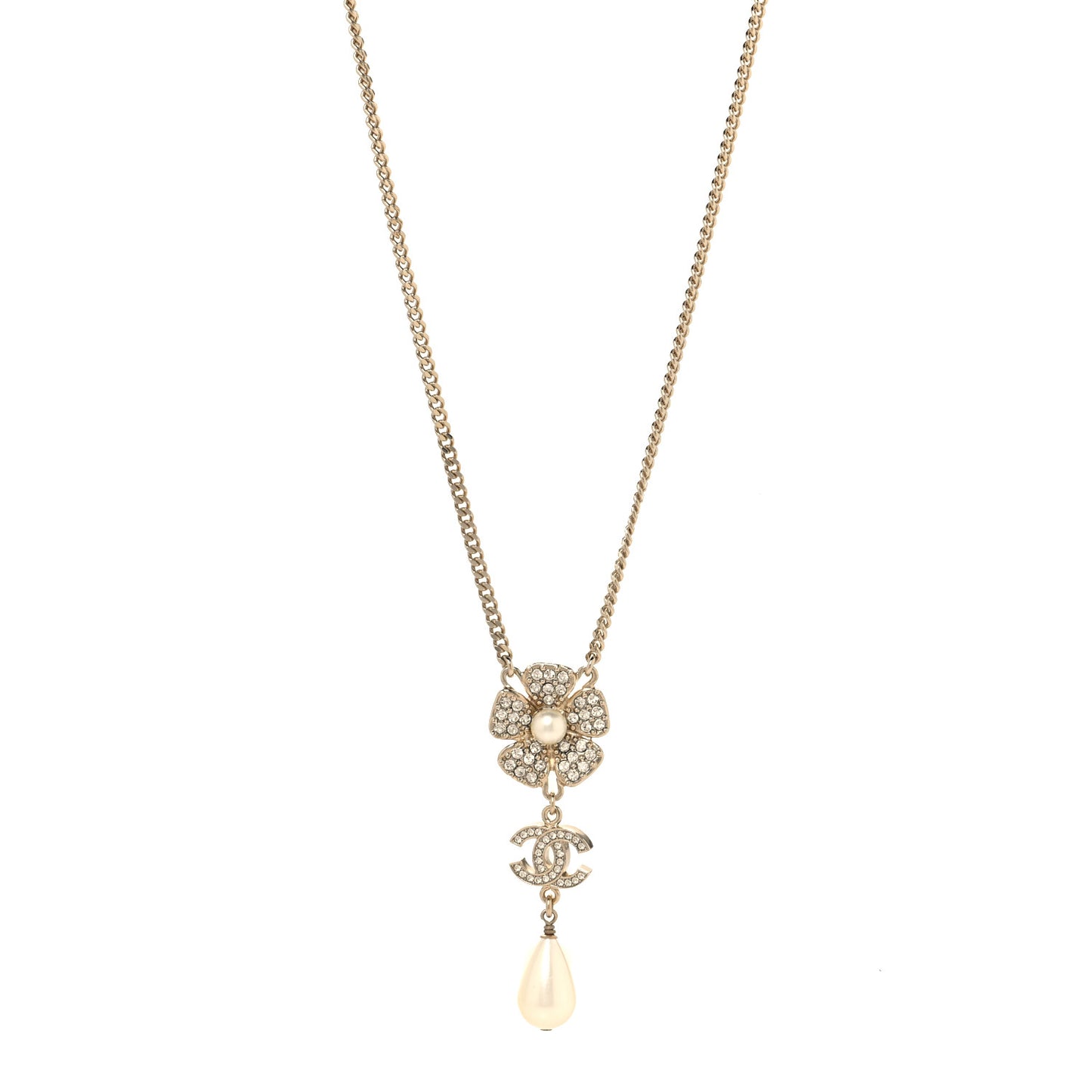 Crystal Pearl CC Flower Drop Necklace Gold