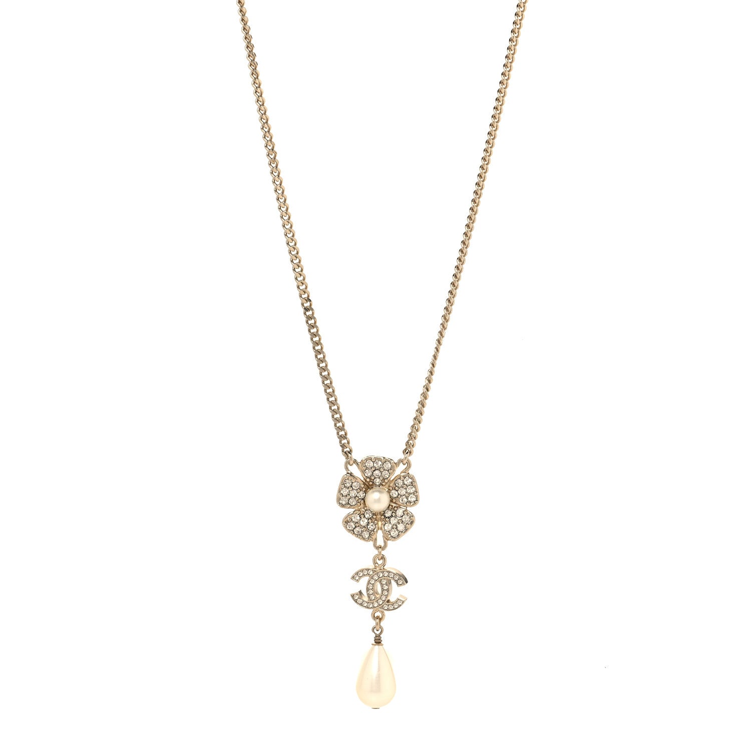 Chanel Crystal Pearl CC Flower Drop Necklace Gold 1 of 5