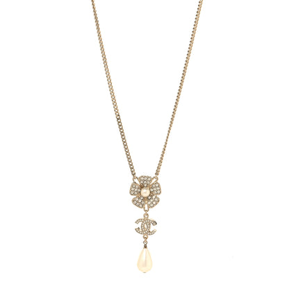 Chanel Crystal Pearl CC Flower Drop Necklace Gold 1 of 5