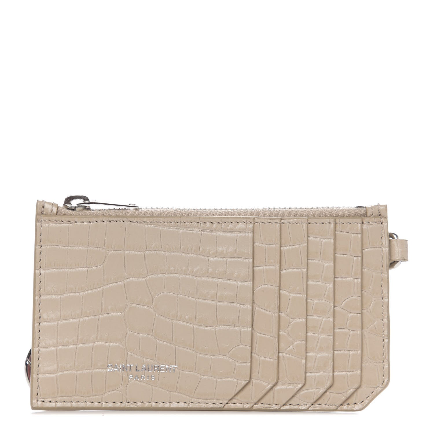 Saint Laurent Calfskin Crocodile Embossed 5 Fragments Zip Pouch Card Holder Beige 1 of 7