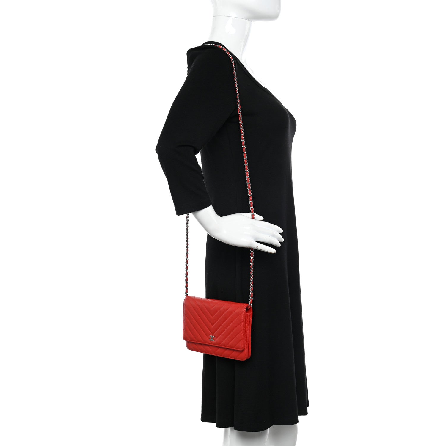 Chanel Caviar Flat Chevron Quilted Wallet On Chain WOC Red 2 of 14