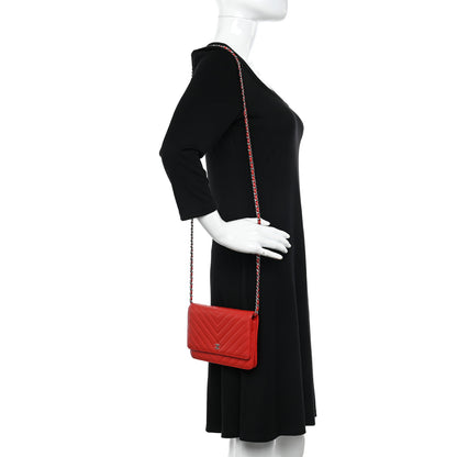 Chanel Caviar Flat Chevron Quilted Wallet On Chain WOC Red 2 of 14