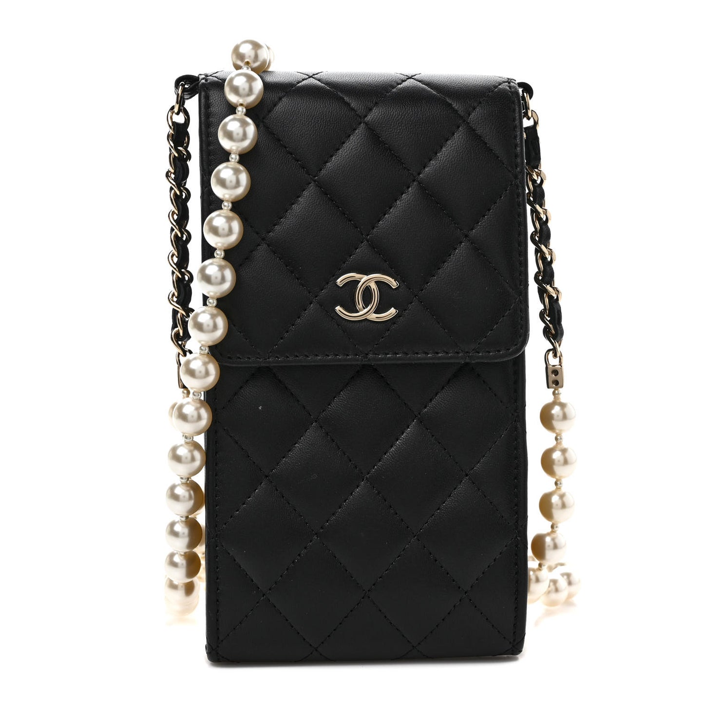 Lambskin Quilted Pearl Phone Holder With Chain Black