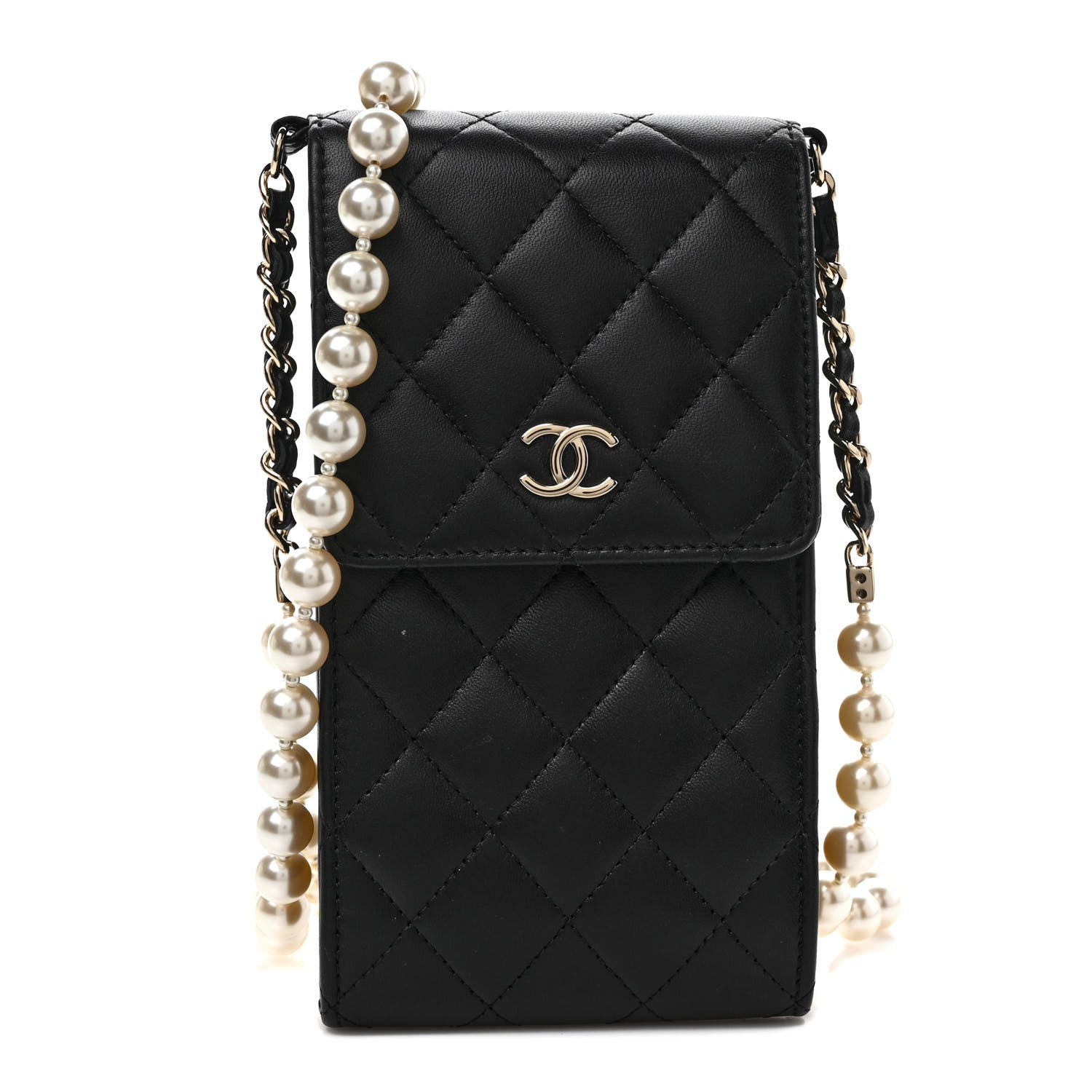 Chanel Lambskin Quilted Pearl Phone Holder With Chain Black 1 of 11