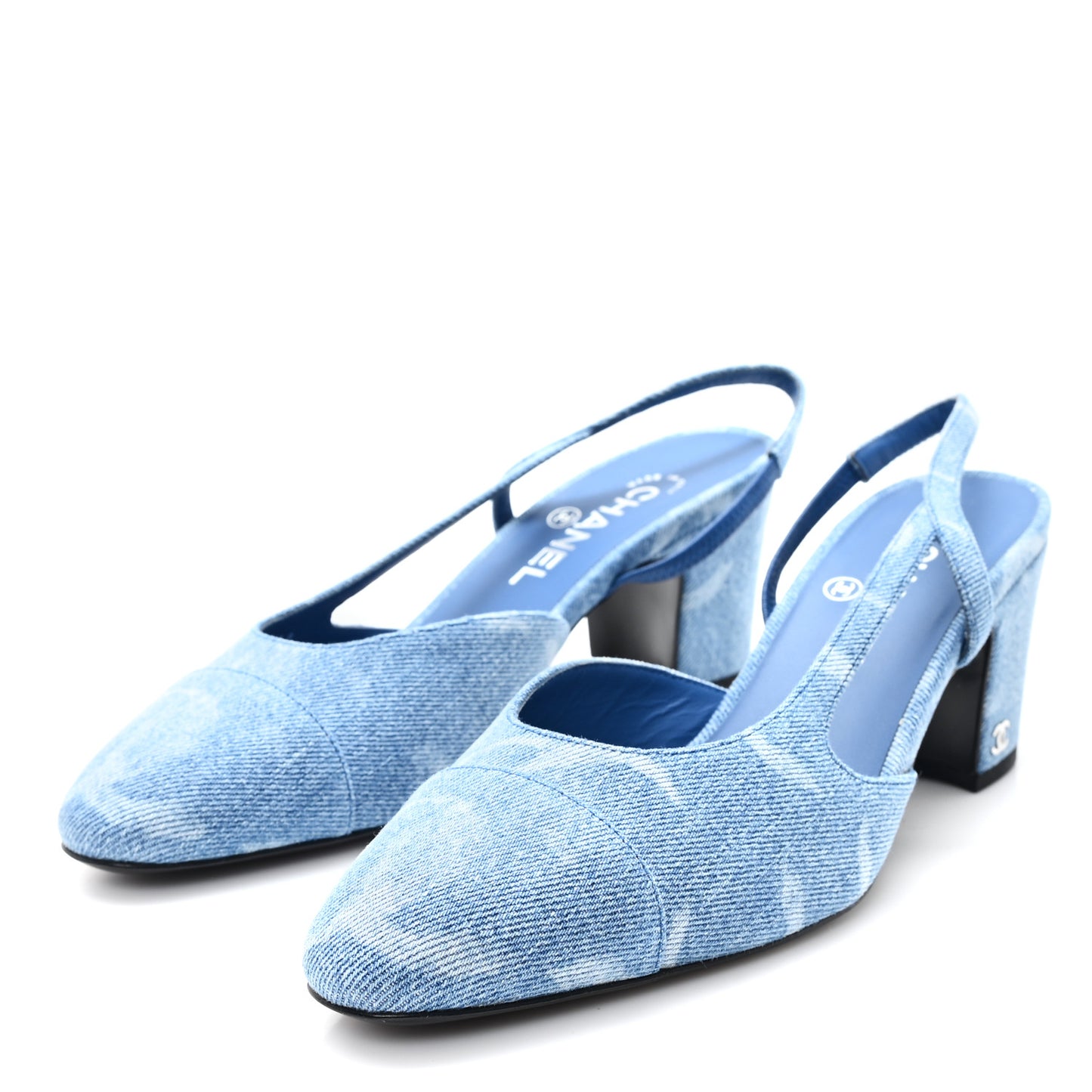 Printed Denim Cap Toe CC Slingback Pumps 39 Light Blue White