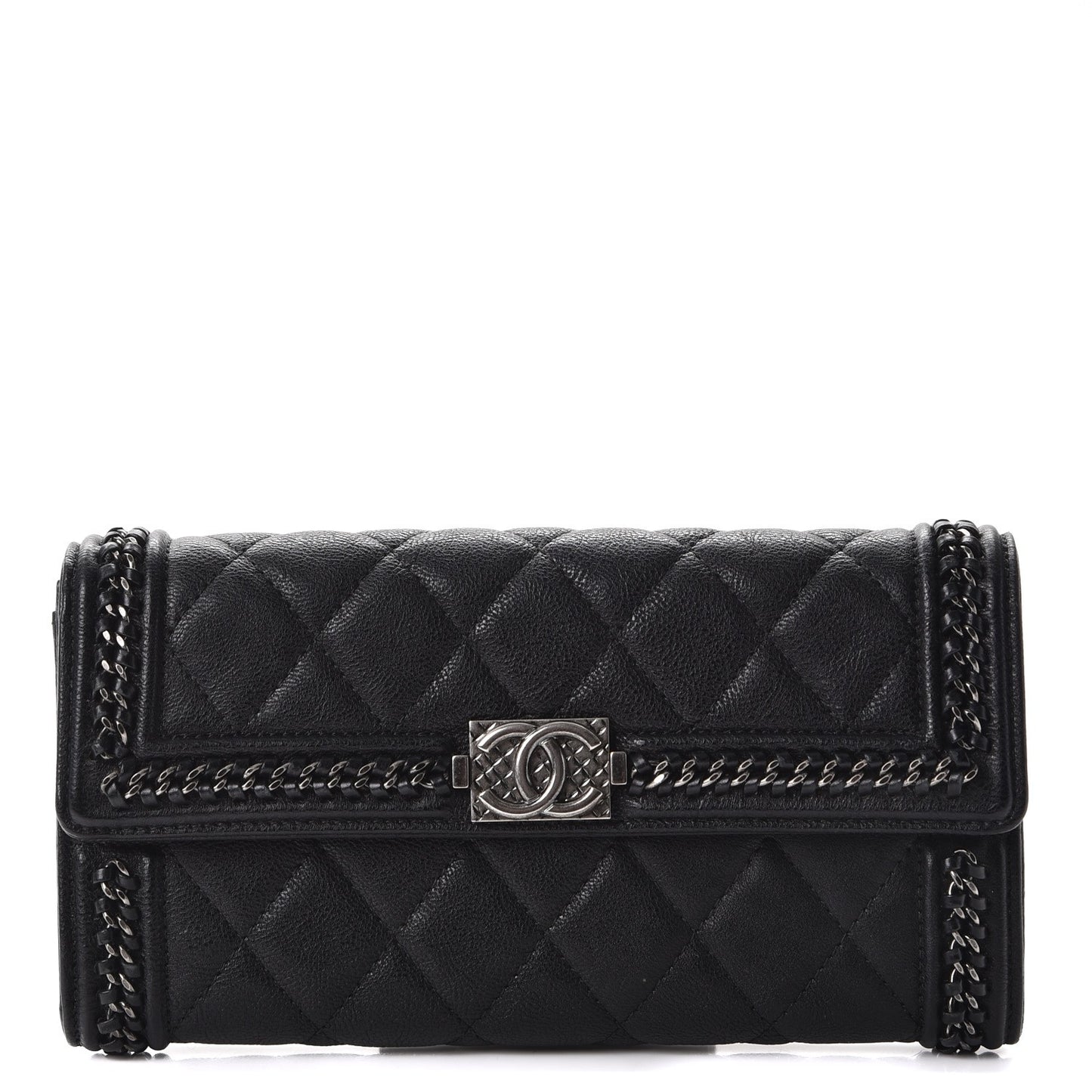 Calfskin Quilted Boy Chain Around Flap Wallet Black