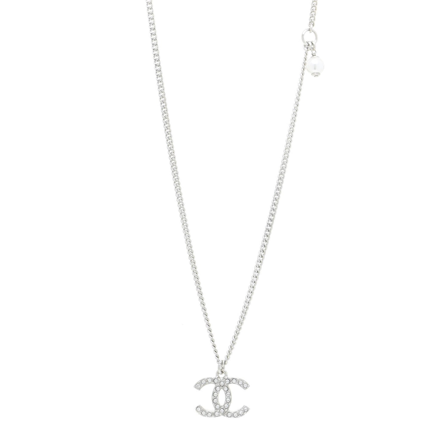Crystal Pearl CC Pendant Necklace Silver