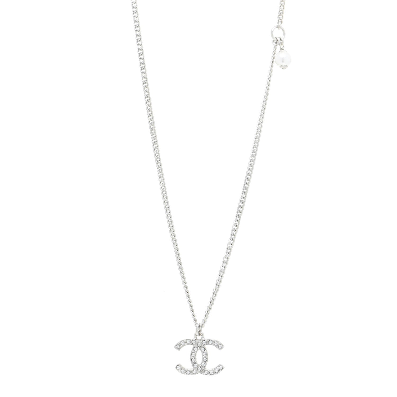 Chanel Crystal Pearl CC Pendant Necklace Silver 1 of 6