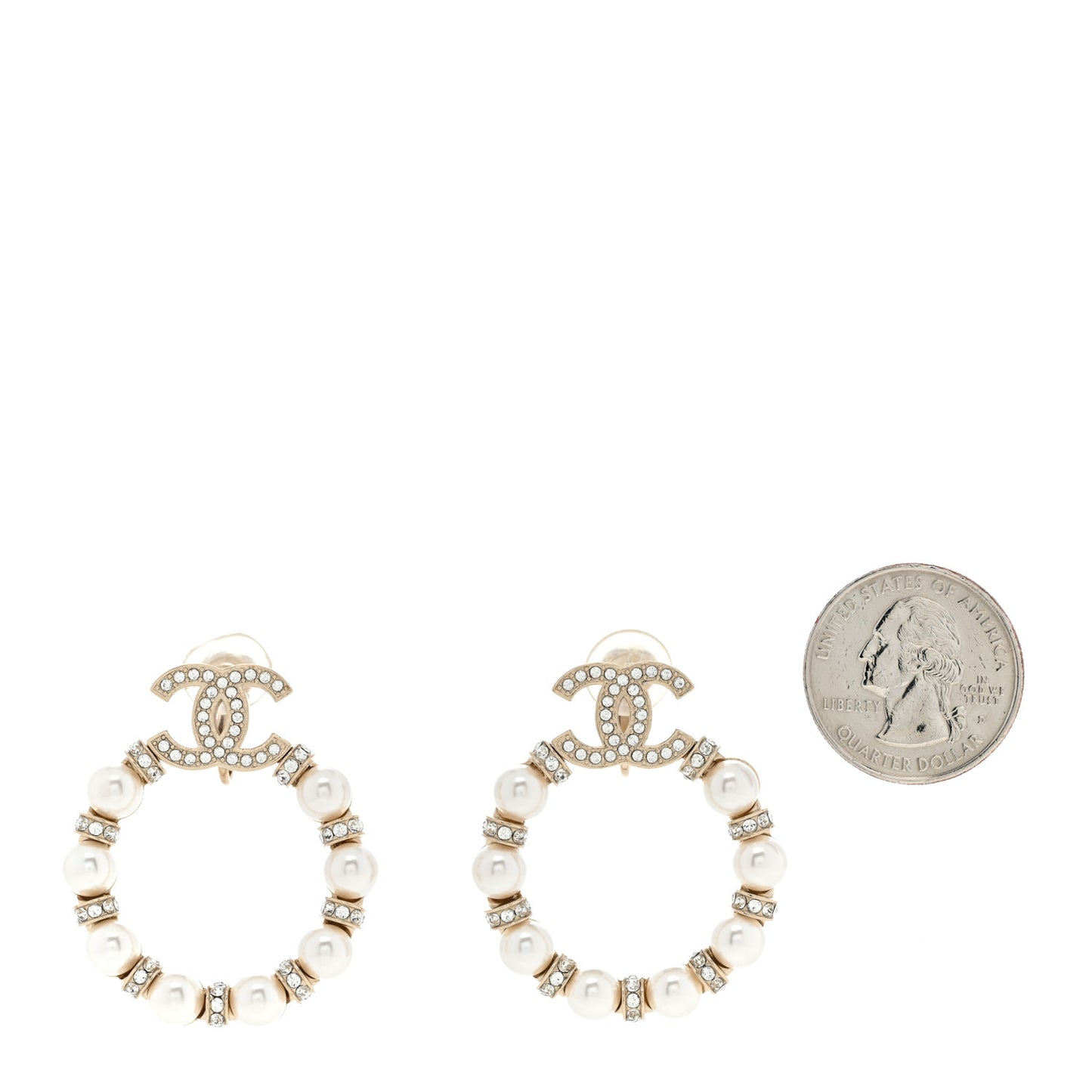 Crystal Pearl CC Door Knocker Hoop Earrings Gold Pearly White