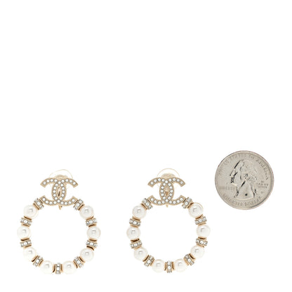 Chanel Crystal Pearl CC Door Knocker Hoop Earrings Gold Pearly White 2 of 6