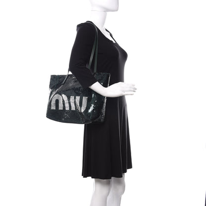 Miu Miu Paillettes Sequin Logo Tote Smeraldo Argent 2 of 9