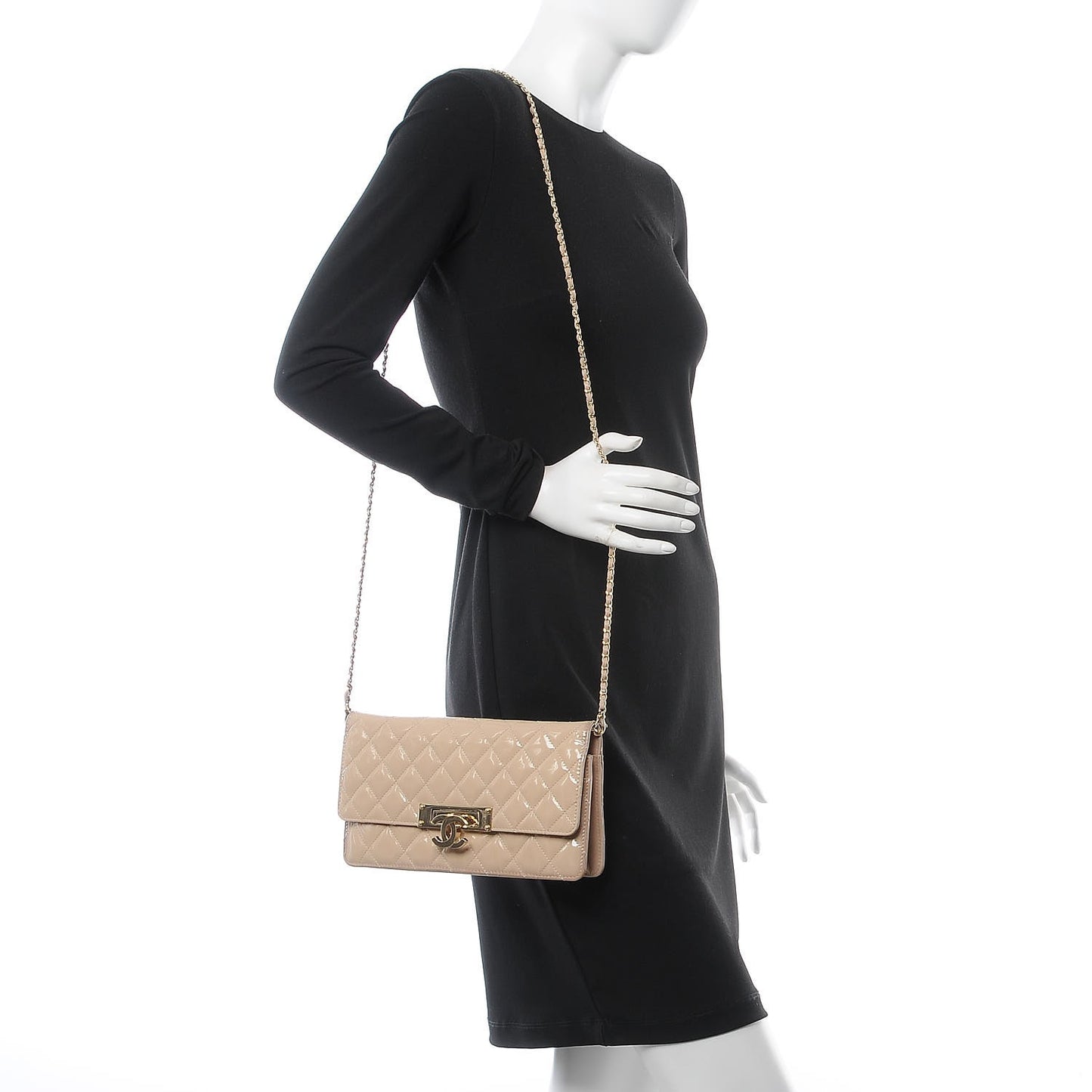 Patent Quilted Golden Class Wallet on Chain WOC Light Beige
