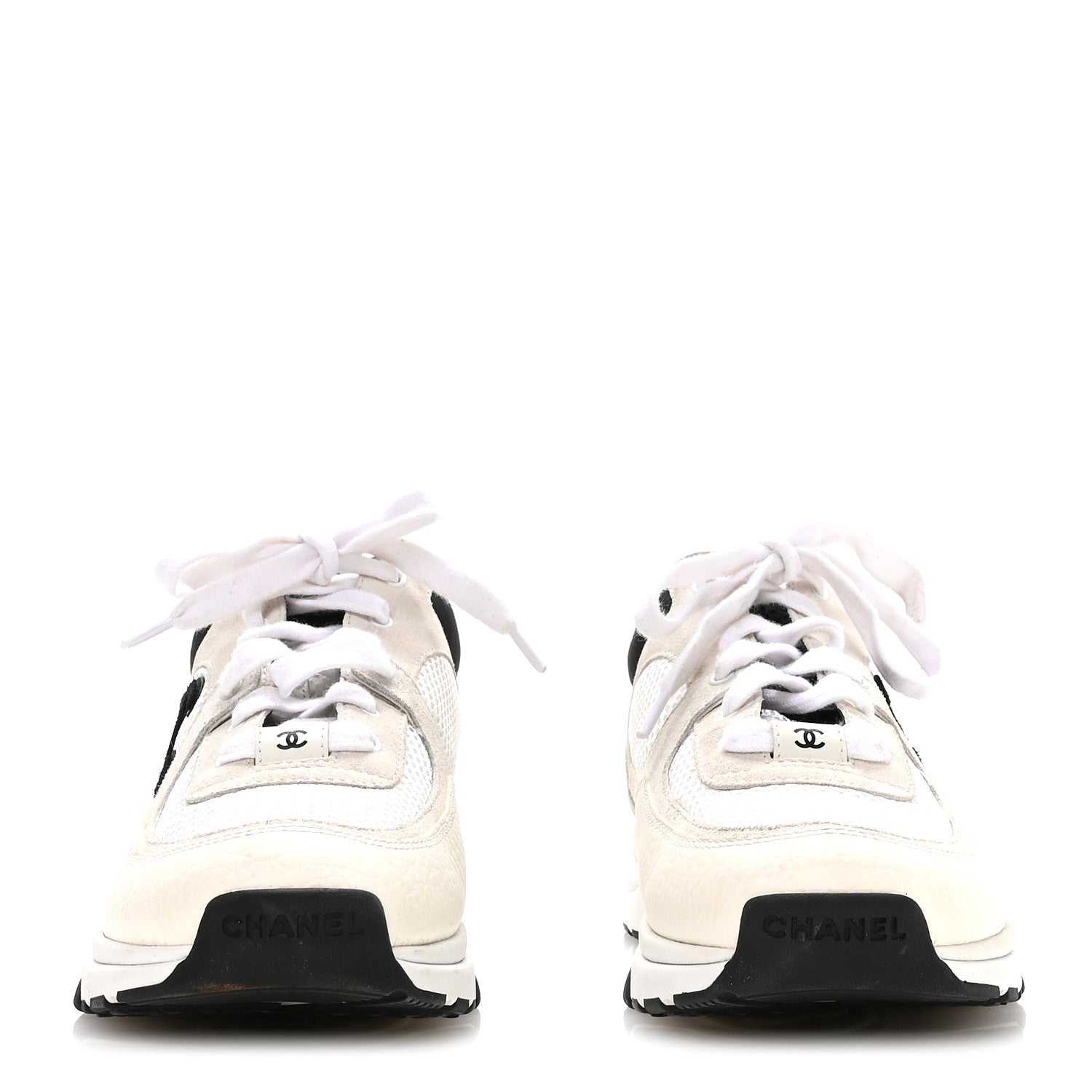 Chanel Mesh Suede Calfskin Grained Calfskin Womens CC Sneakers 38.5 White Black 3 of 9