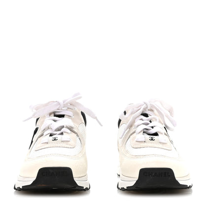 Chanel Mesh Suede Calfskin Grained Calfskin Womens CC Sneakers 38.5 White Black 3 of 9