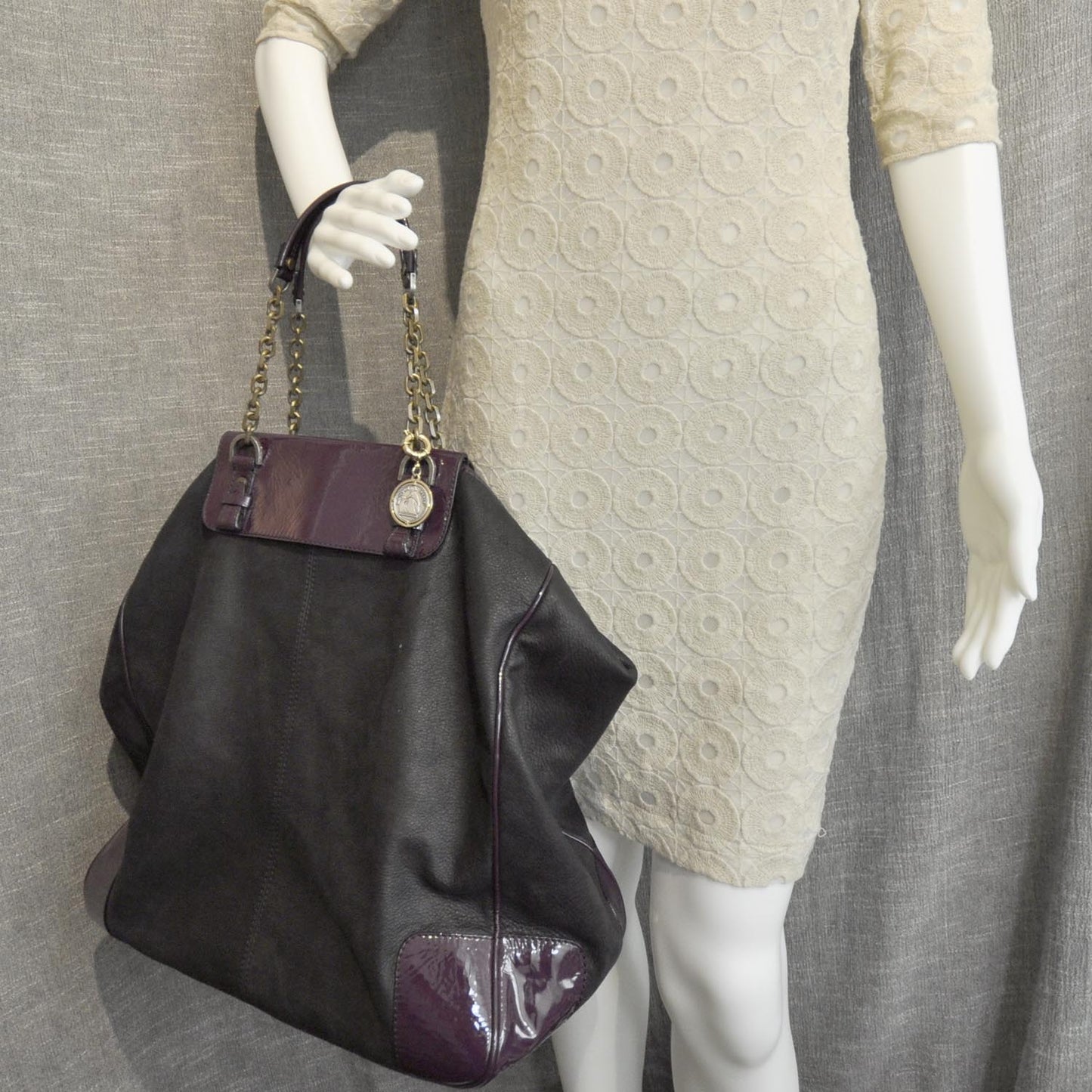 Leather Patent Trim Large Weekender Bag Black and Purple