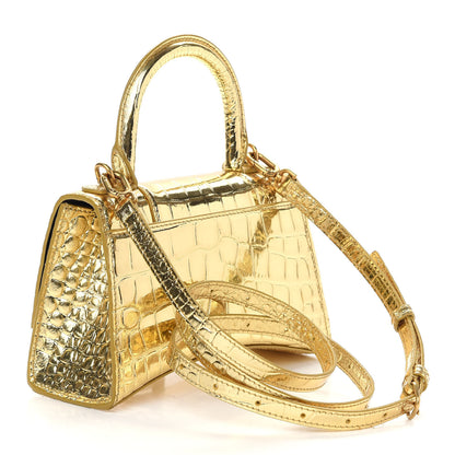 Balenciaga Metallic Calfskin Crocodile Embossed Hourglass Top Handle Bag XS Gold 3 of 9