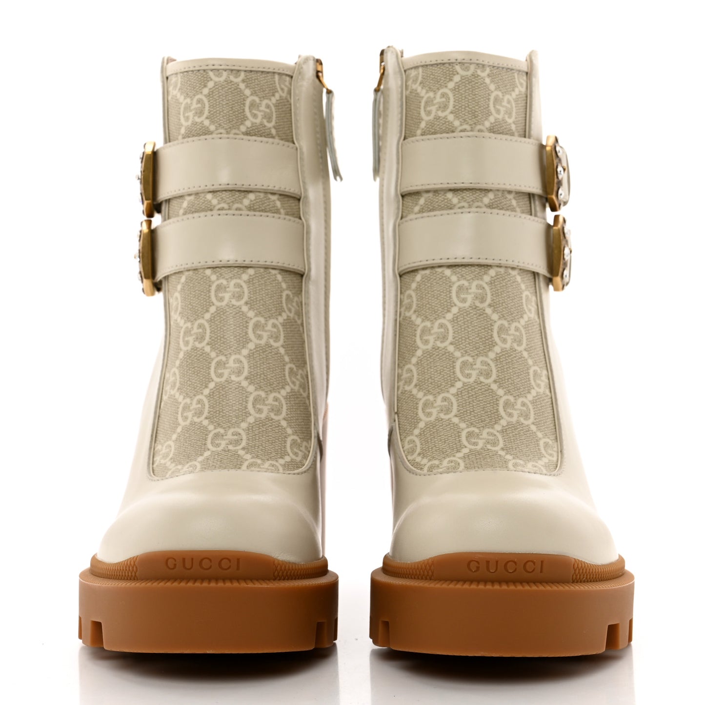 Kensington Calfskin Nappa GG Supreme Monogram Womens Double Buckle Ankle Boots 36.5 Mystic White Beige